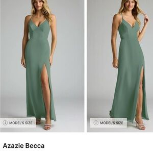 Azazie Sage Green Spaghetti Strap Maxi Dress with V-Neck and High Slit
